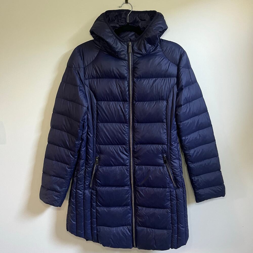 BLUE Saks Fifth Avenue Womens Down Puffer Jacket Navy Blue Hooded Coat M